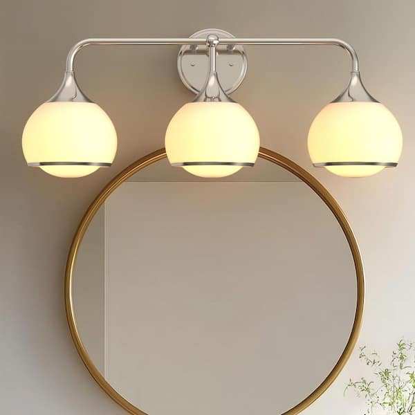 27 in. 3-Light Brushed Nickel Vanity Light with Soft Globe Shades for Bathroom Mirror
