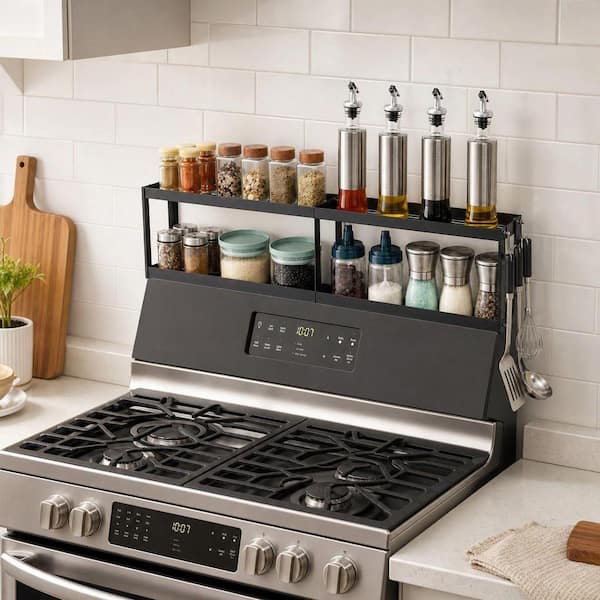 2-Tier Strong Magnetic Over the Stove Shelf with 2 Anti-Slip Mats Seasoning and 4-Hooks, Black