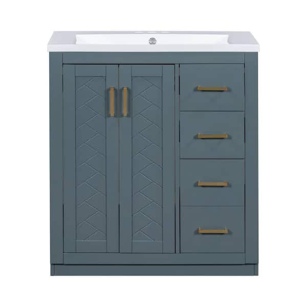 Boosicavelly 30 in. W x 18 in. D x 34 in. H Single Sink Freestanding Bath Vanity in Navy Blue with White Cultured Marble Top