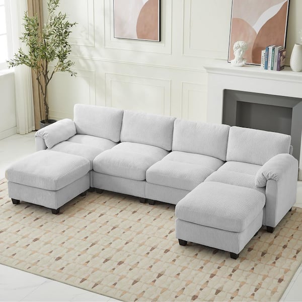 JEAREY 114.96 in Corduroy Modular U-Shaped Grey Sectional Sofa with 2-Ottomans for Living Room and Spacious Space