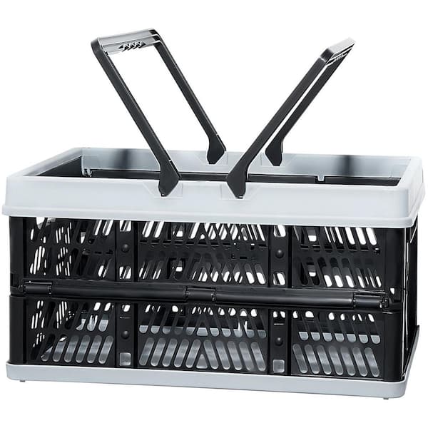 Collapsible Shopping Basket, 3-Pack, 16 L Plastic Foldable Storage Crate with Handle for Supermarket Shopping, Black