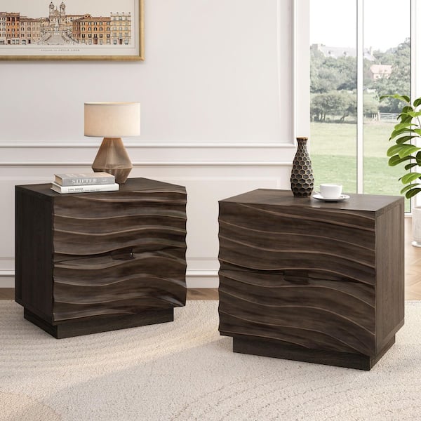 Xelvar Modern 23.62 in. Walnut Brown 2 Drawers Wood Nightstands Bedside Table Sofa End Table, (Set of 2)