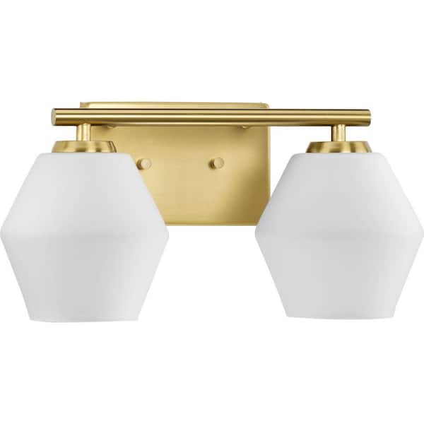 Progress Lighting Copeland Collection 15 in. 2-Light Brushed Gold Vanity Light with Etched Opal Glass Shades