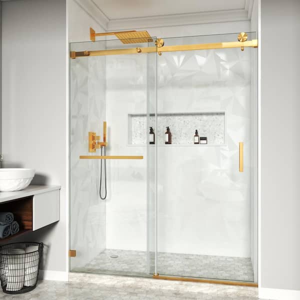 MOHALEN 56-60.5 in. W x 76 in. H Single Sliding Frameless Shower Door in Brushed Gold with 3/8 in. Clear Tempered Glass