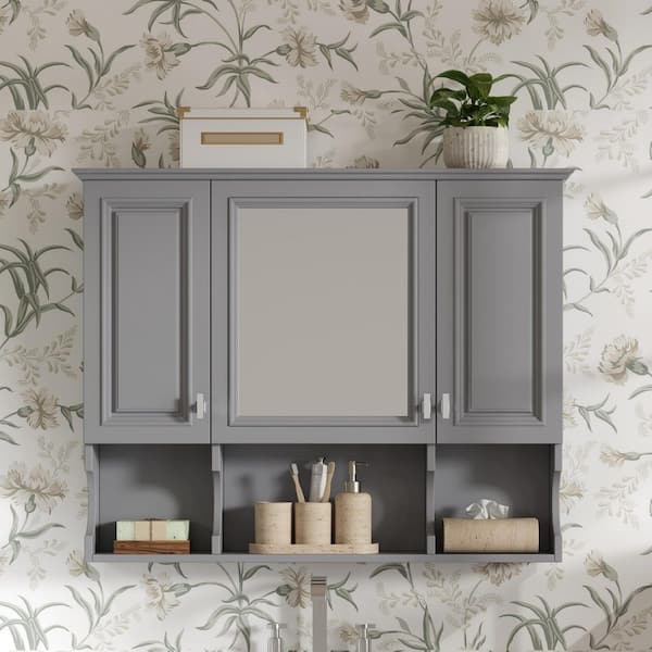 35 in. W x 29 in. H Gray Rectangular Wood Medicine Cabinet with Mirror, Open Shelves