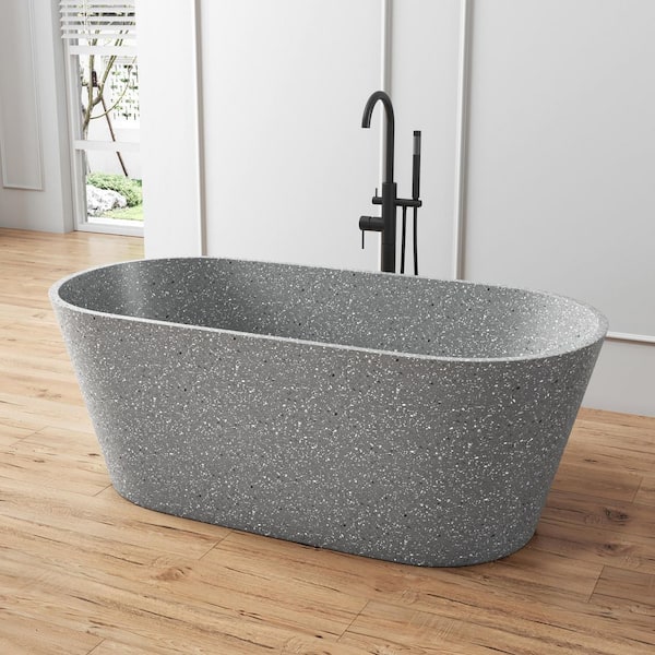 59 in. x 29 in. Terrazzo Stone Solid Surface Flatbottom Freestanding Soaking Bathtub in Gray