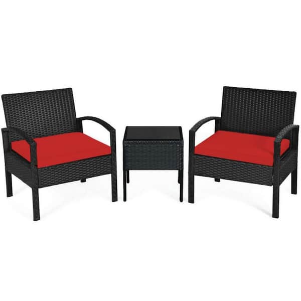 Clihome 3-Piece PE Rattan Wicker Patio Conversation Set Sofa Set with Red Washable and Removable Cushions