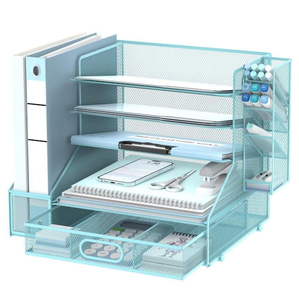 12.9 in x 15.62 in 5 Tier Desk Organizer with File Holder, Mesh Paper Letter Tray and 3 Tilted File Sorter, Blue