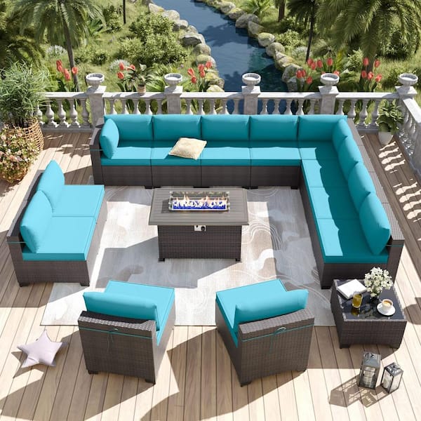 Halmuz 14-Piece Wicker Patio Conversation Set with 55000 BTU Gas Fire Pit Table and Glass Coffee Table and Blue Cushions