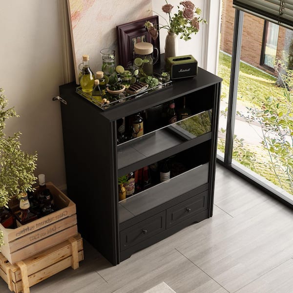 Black Wood 31.5 in. W Rectangle Sideboard, End Table with 2-Open Shelves. 2-Drawers and Half Glass Fence