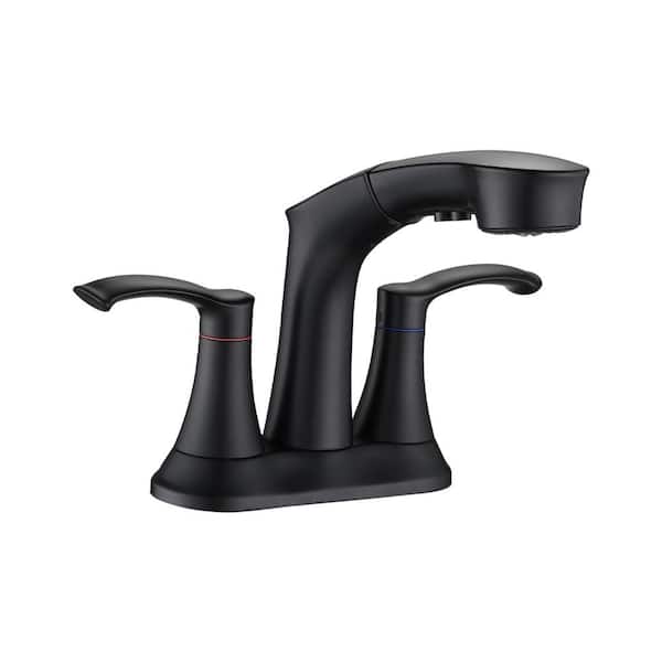 Satico 4 in. Centerset Double Middle Arc Bathroom Faucet with Pull Out Sprayer included in Matte Black