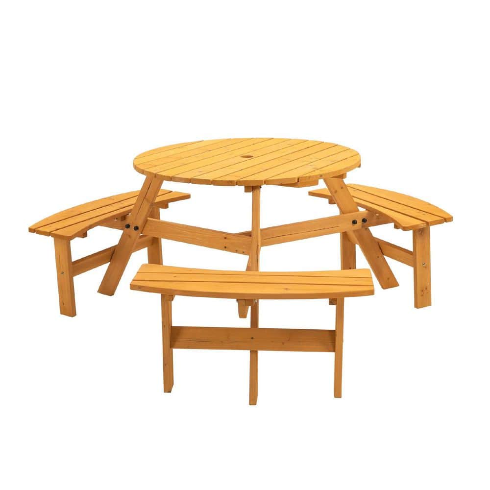35.43 in. Natural Round Wood Picnic Table Seats 6-People with 3 Built-in Be