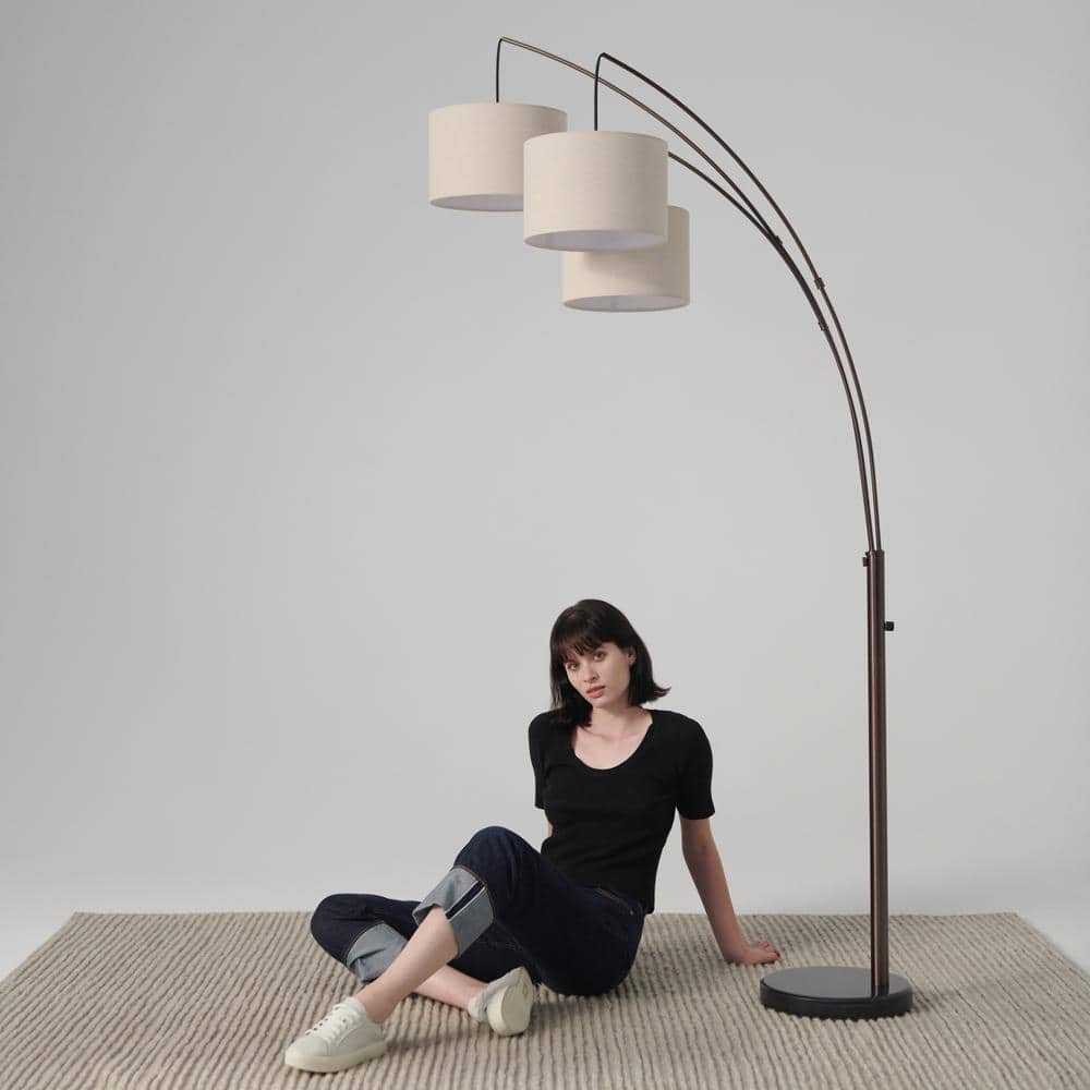 Bronze Trilage 84" Adjustable 3-Light LED Floor Lamp with Beige Shades