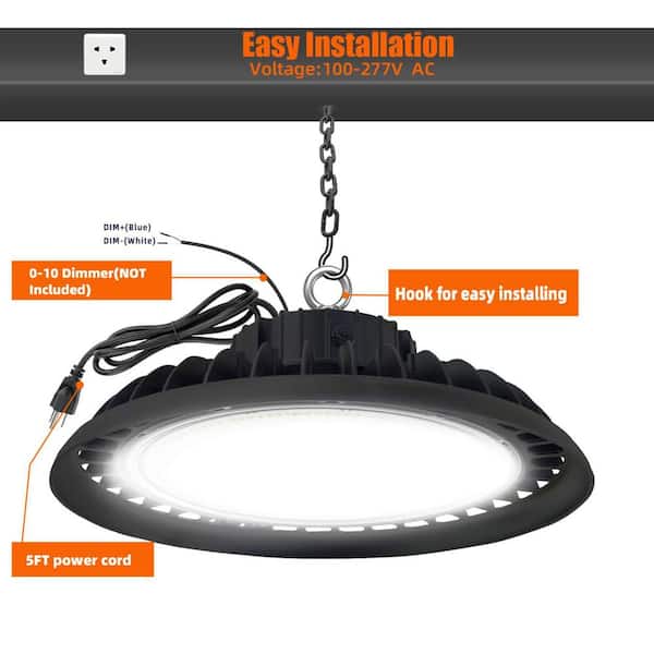 Honbei 12in.600-Watt Equivalent Integrated LED Dimmable Black High Bay Light,5000K Daylight UFO High Bay Light 28000Lm 3Pack
