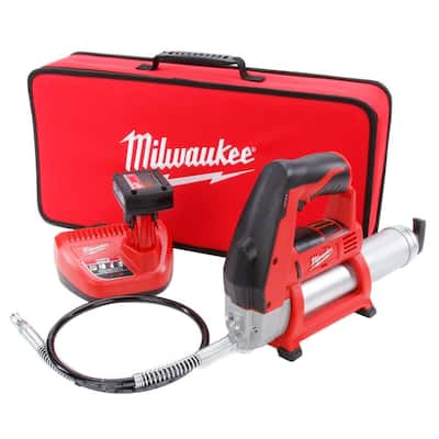 M12 12-Volt Lithium-Ion Cordless Grease Gun Kit with One 3.0 Ah Battery, Charger, Tool Bag and Compact Spot Blower