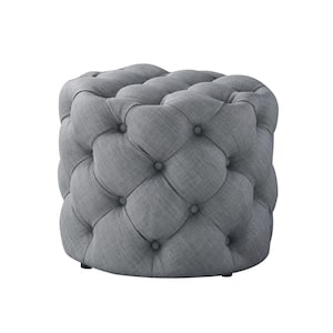 Marianna Light Grey Linen Tufted Allover Upholstered 1Pc Round Ottoman