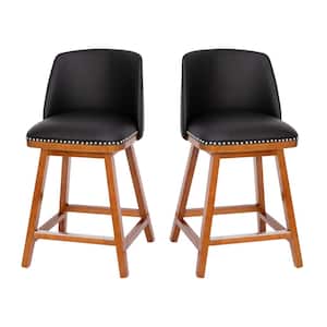 25 in. Black LeatherSoft/Walnut Low Wood Bar Stool with Leather/Faux Leather Seat