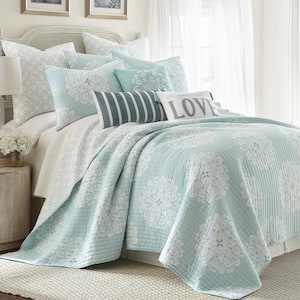 Lara Spa 3-Piece Teal, White Medallion Cotton King/Cal King Quilt Set