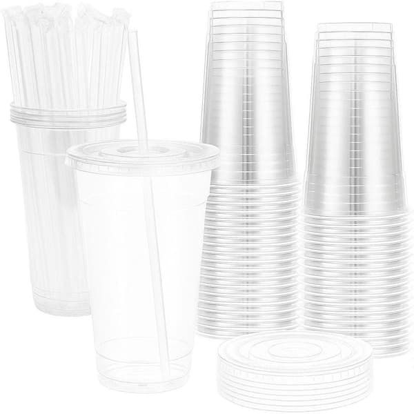 3.8 in. Clear Transparent Disposable Plastic Cups with Lids and Straws Iced Coffee Smoothie (100 Per Case)