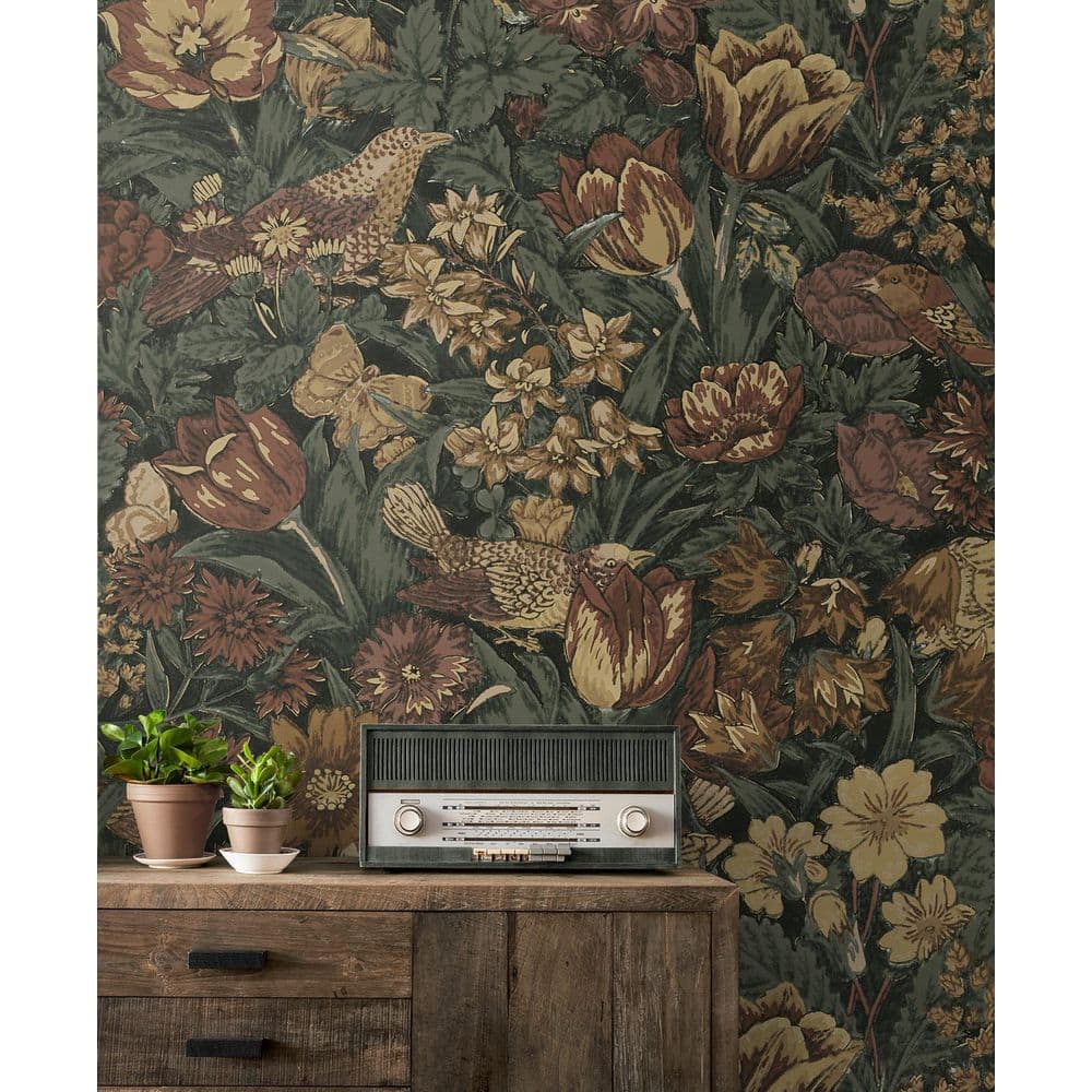 Mahogany and Graphite Bird Floral Peel and Stick Wallpaper