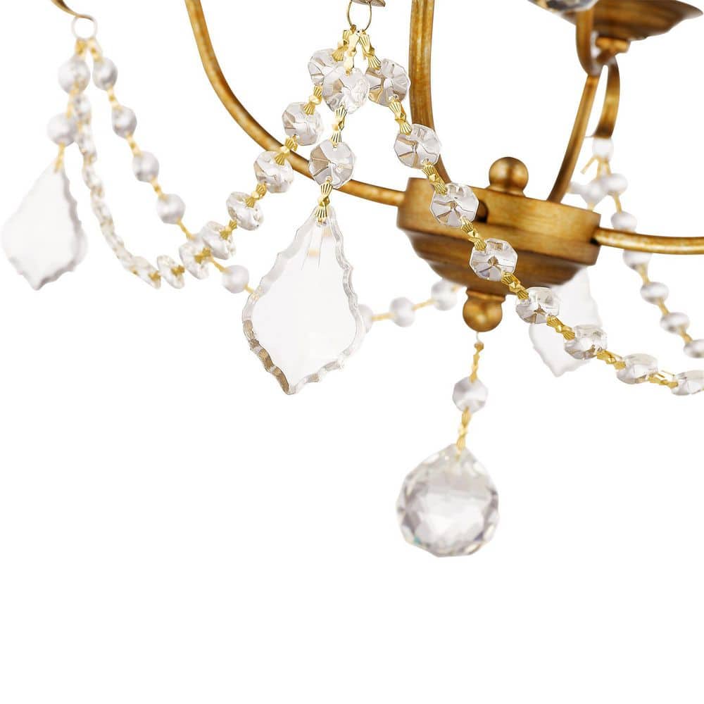 Antique Gold Leaf Brass Mini 4-Light Chandelier with Crystal Accents