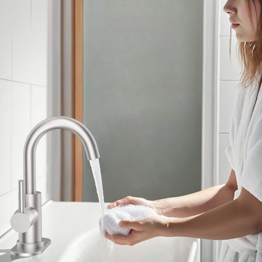 Brushed Nickel Single Handle High Arc Bathroom Faucet with Drain Kit