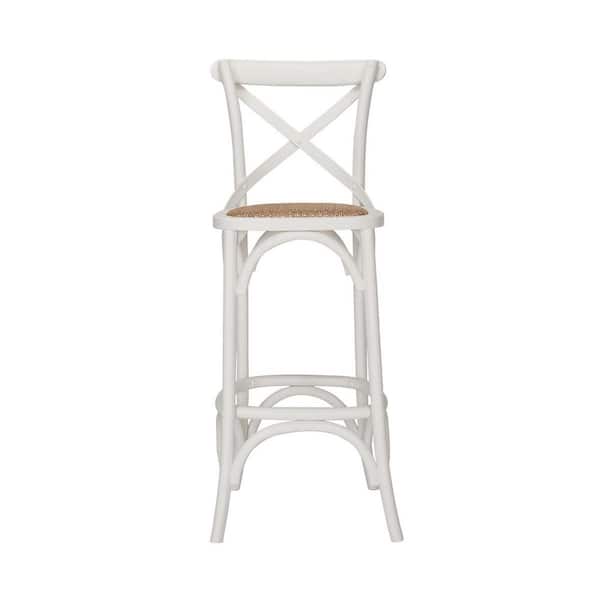 Wood Bar Stool With Woven Rattan Seat, White Farm Style Bar Stools