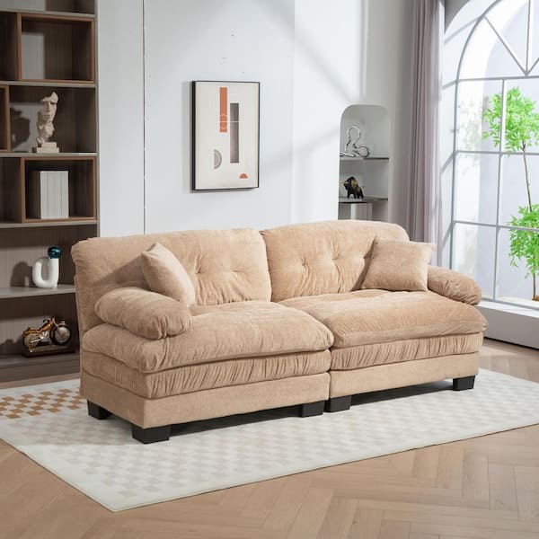 84 in. Dual-Layer Modular Chenille Rectangle Deep Seat Pillow Top Arm Sectional Sofa in Khaki