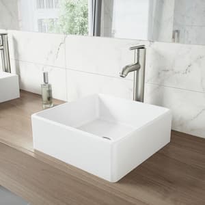 Dianthus Modern White Matte Stone 15 in. L x 15 in. W x 5 in. H Square Vessel Bathroom Sink