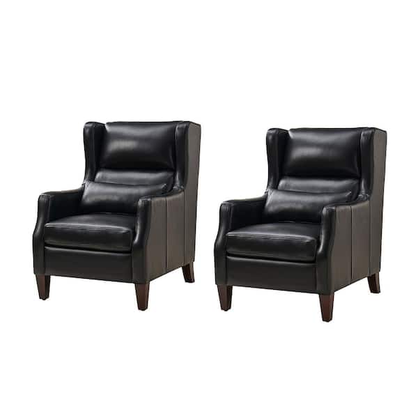 JAYDEN CREATION Ovill Modern Black Genuine Leather Wingback Armchair with Pillow (Set of 2)