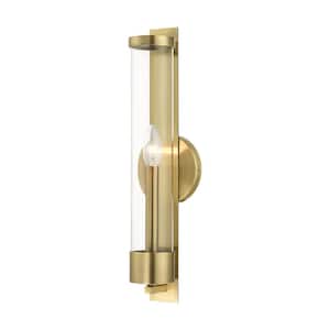 Mayfield 18 in. 1-Light Antique Brass ADA Wall Sconce with Clear Cylinder Glass