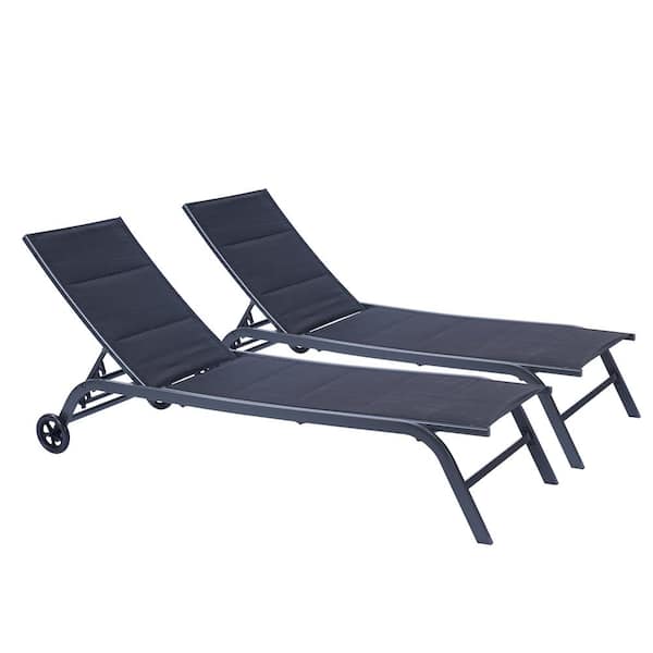 Zeus & Ruta 2-Piece Black Metal 5-Position Adjustable Outdoor Chaise Lounge Recliner with Wheels, All Weather For Patio, Beach, Yard