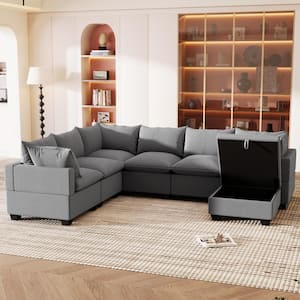 120 in. Modern Modular U-Shaped Polyester Sectional Sofa in Gray with Storage Ottoman