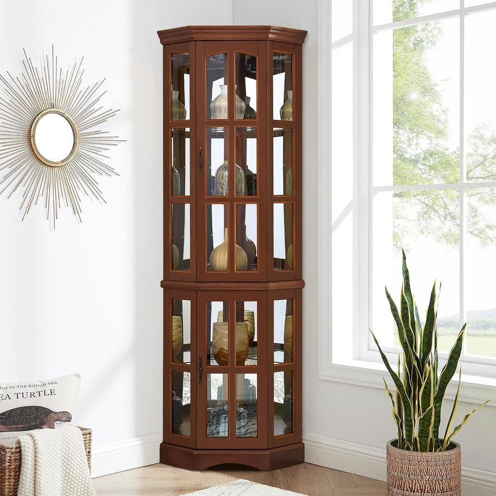 Walnut 70.5 in. H Corner Curio Display Cabinet with 5 Shelves and Lighting 