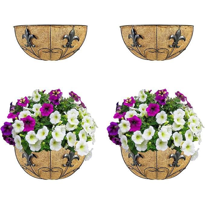 Black Metal Wall Hanging Plant Baskets with Coco Liners, 2 Pack