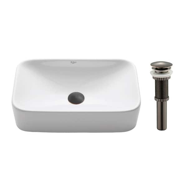 KRAUS Soft Rectangular Ceramic Vessel Bathroom Sink in White with Pop Up Drain in Oil Rubbed Bronze