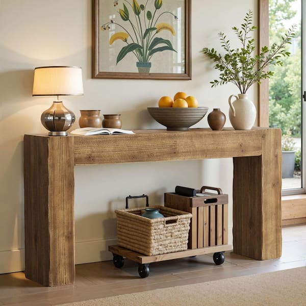 Turrella 63" in. H Brown Rectangle Solid Wood Console Table, Farmhouse Entryway Table for Hallway, Living Room