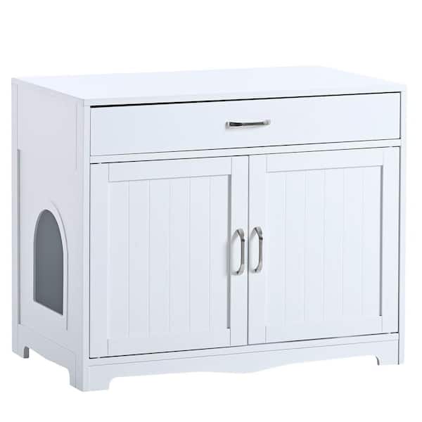 Miscool White 31.5 in. W Pet House Cat Litter Box Enclosure with Hidden Plug, Drawer Cat Bench Side Table Nightstand