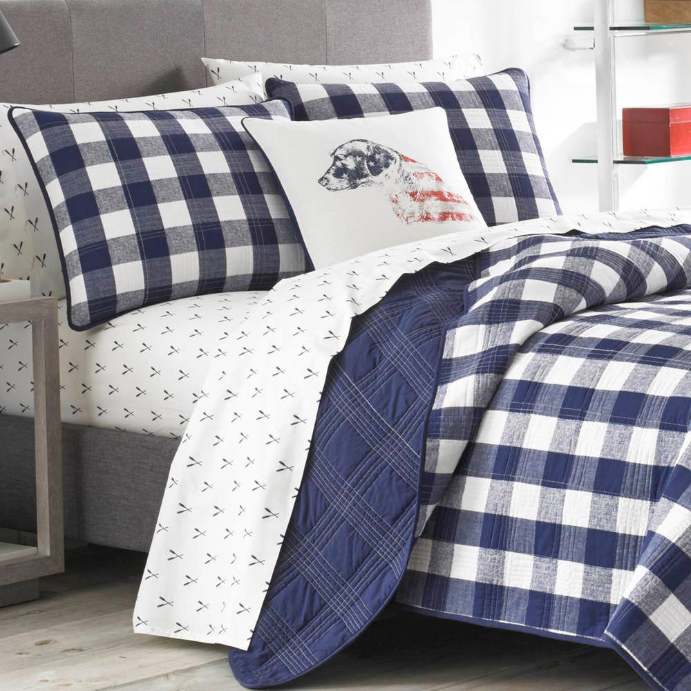 Full Blue Cotton Reversible Plaid Quilt Set