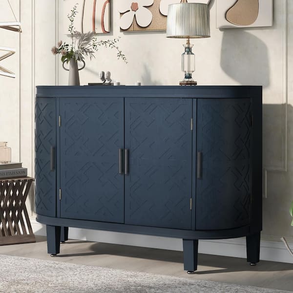 Harper & Bright Designs Navy Blue Wood 47.2 in. Sideboard with Antique Pattern Doors, Accent Storage Cabinet(47.2" W x 15.2" D x 33.5" H)
