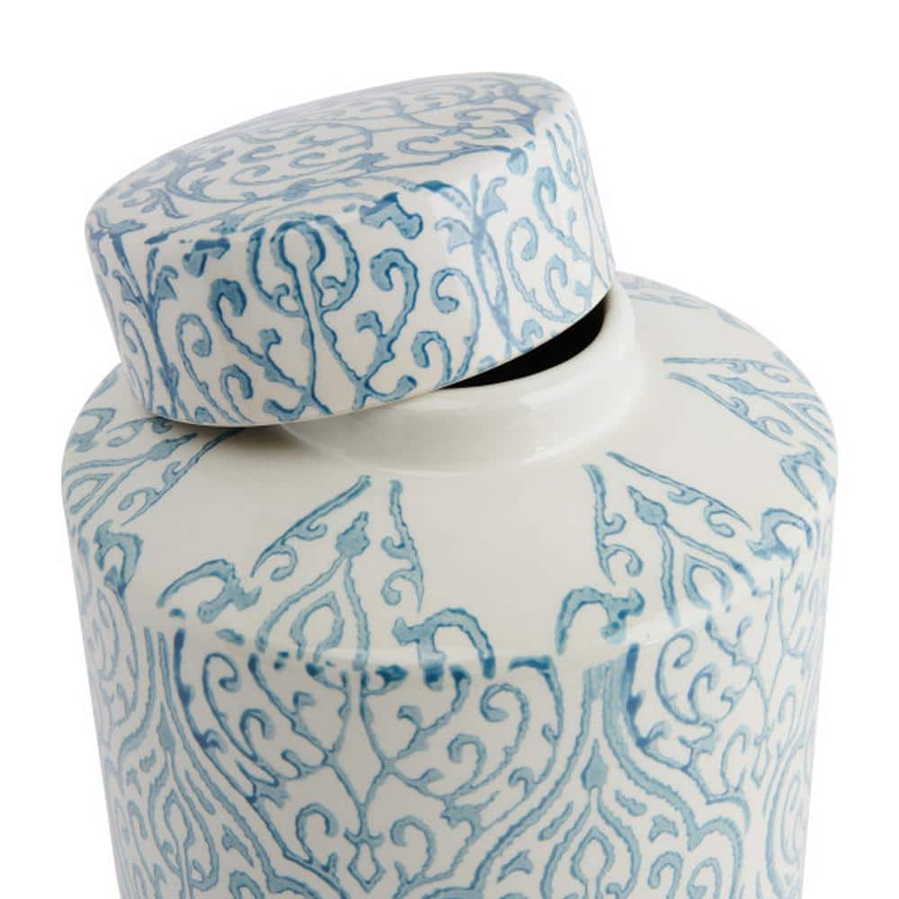 Elegant Blue and White Floral Ceramic Ginger Jar, 10" High
