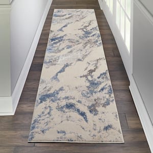 Silky Textures Blue/Ivory/Grey 2 ft. x 8 ft. Abstract Contemporary Runner Area Rug