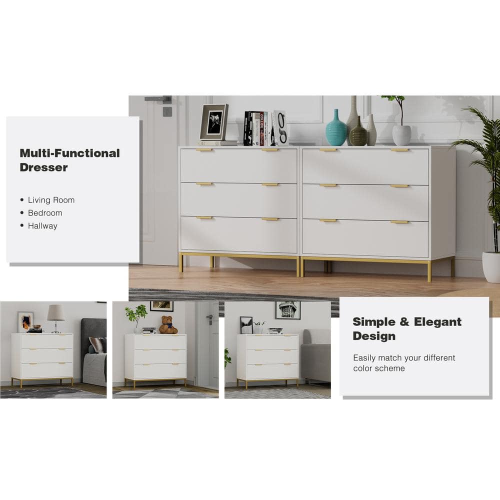 White MDF 3-Drawer Chest with Gold Accents