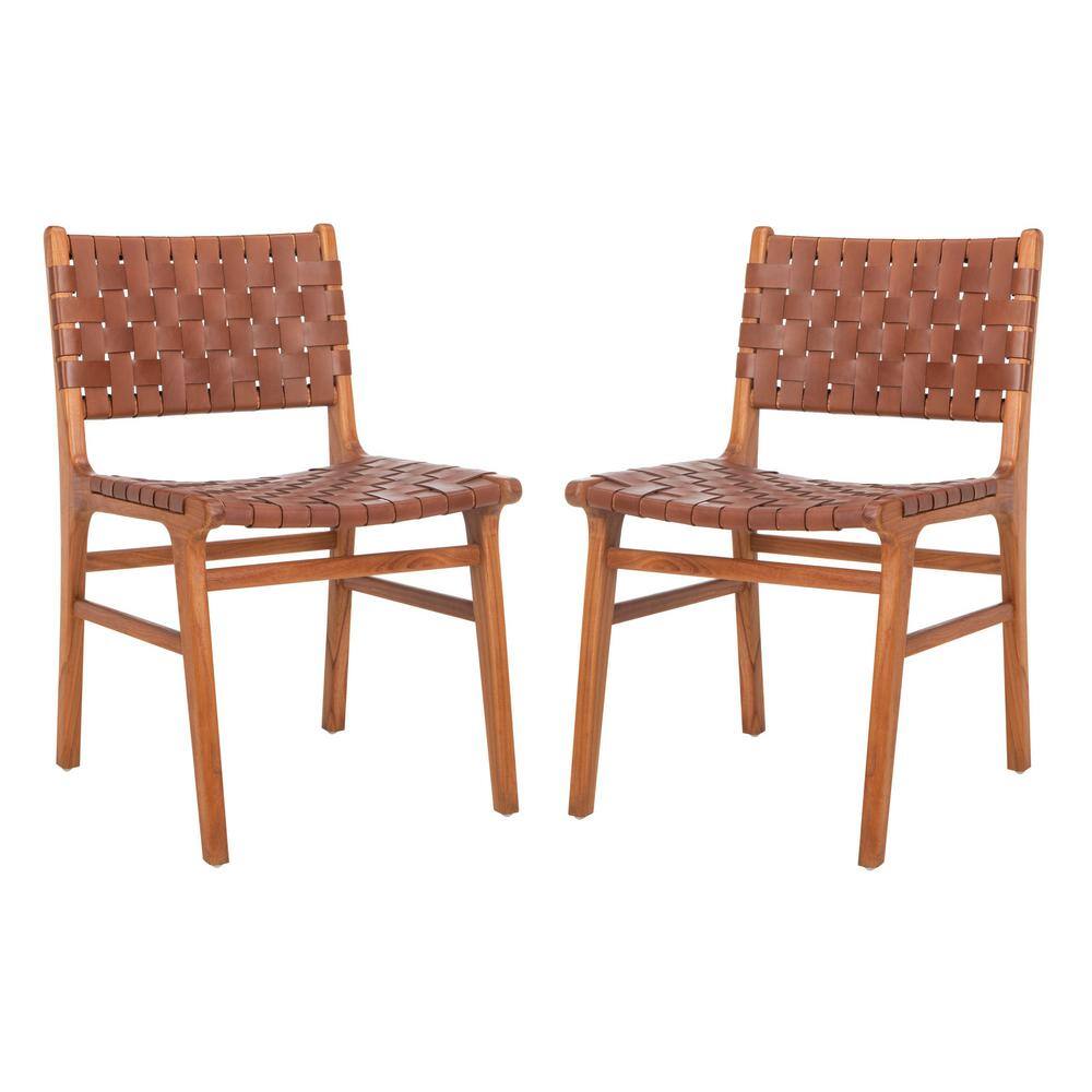 Cognac and Natural Woven Leather Side Chairs, Set of 2