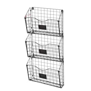 Stackable Hanging Wall Files Rack 3-Tier Metal Folder with Tag Slot Mounts on Wall and Door for Office, Black