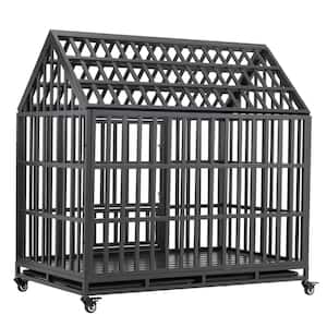 Black Carbon Steel Heavy-Duty Dog Cage pet Crate with Roof and Window on Roof