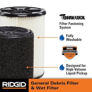 General Debris and Wet Debris Wet/Dry Vac Cartridge Filters for Most 5 Gallon and Larger RIDGID Shop Vacuums (2-Pack)