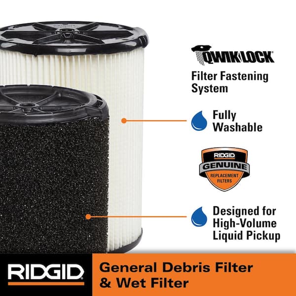 Genuine Pleated General Debris and Wet Foam Wet Dry Vac Filters for Most 5-16 Gal. RIDGID Shop Vacuums (2-Pack) VF4070
