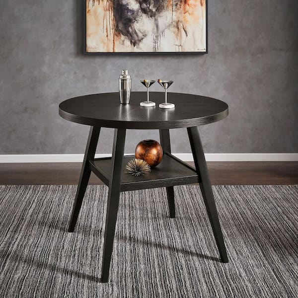 Black Wood 44 in. 4 Legs Round Counter Height Dining Table With Shelf Seats 4