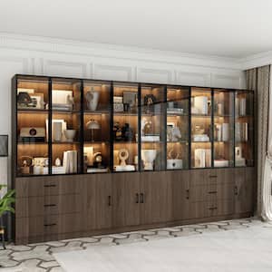 3-in-1 Brown Wood Storage Cabinet Combination Kitchen Cabinet with Glass Doors, Drawers, LED Lights, Adjustable Shelves